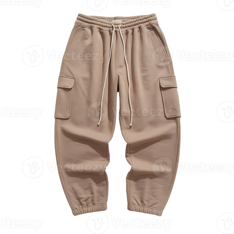 light brown cargo sweatpants with a white drawstring on transparent background png