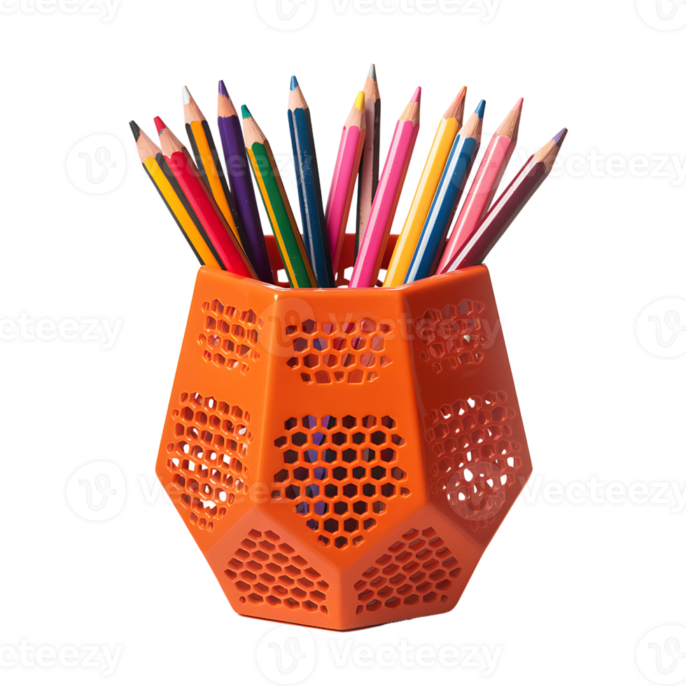 orange hexagonal container holds an assortment of colored pencils on transparent background png