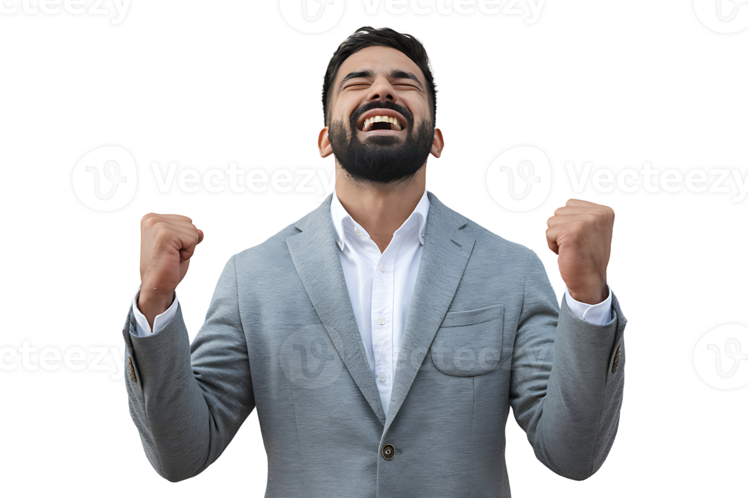man in a grey suit celebrates his success with a joyous expression and raised fists on transparent background png