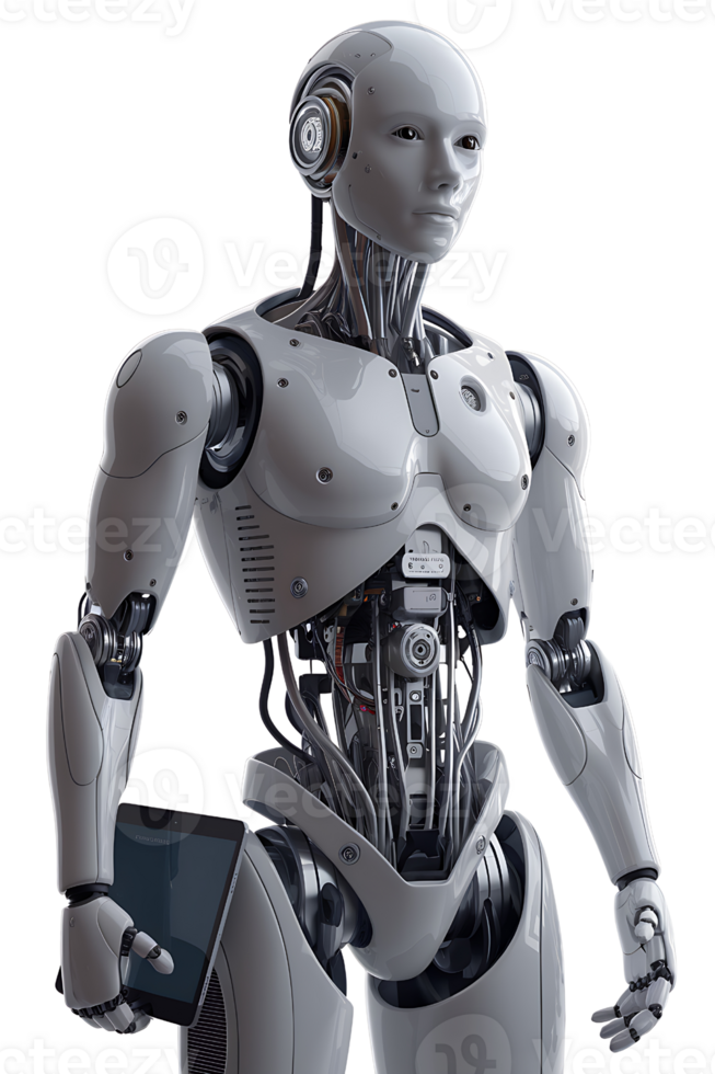humanoid robot holding a tablet in its hand on transparent background png