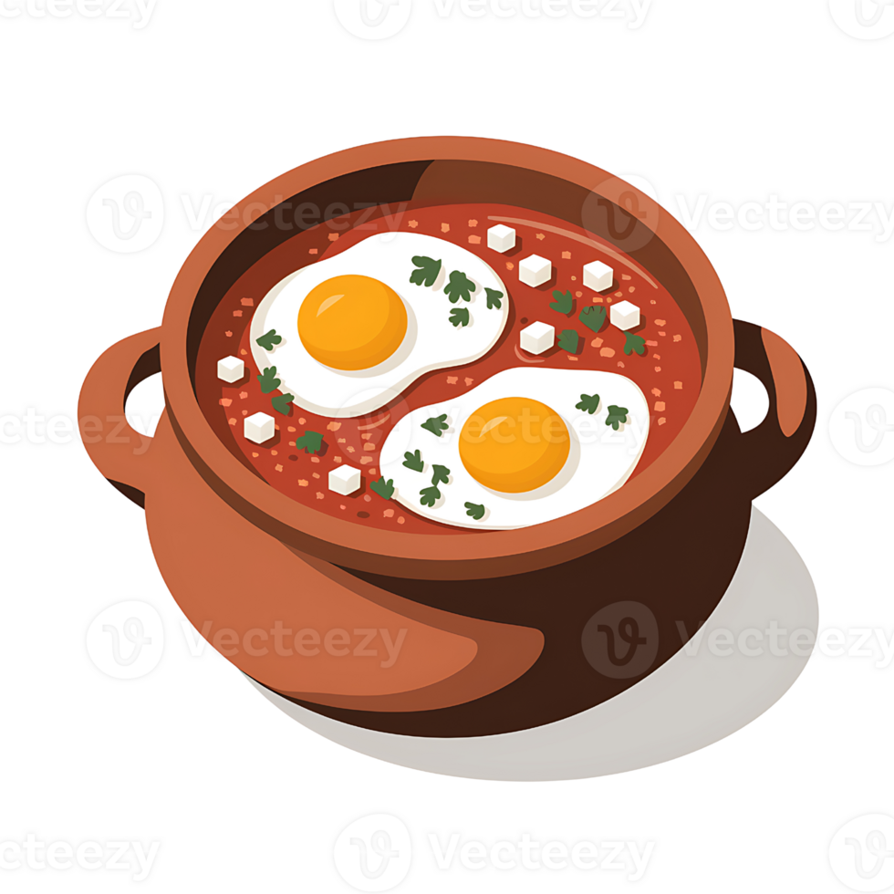 traditional Mexican dish consisting of a red sauce with two fried eggs in a terracotta pot on transparent background png
