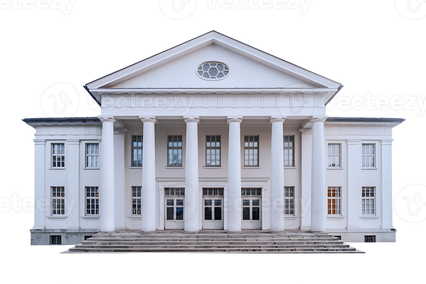 neoclassical building features a prominent portico supported by a row of columns on transparent background png
