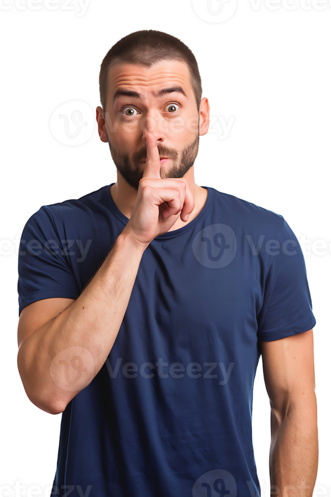 man is gesturing for silence with his index finger pressed against his lips on transparent background png