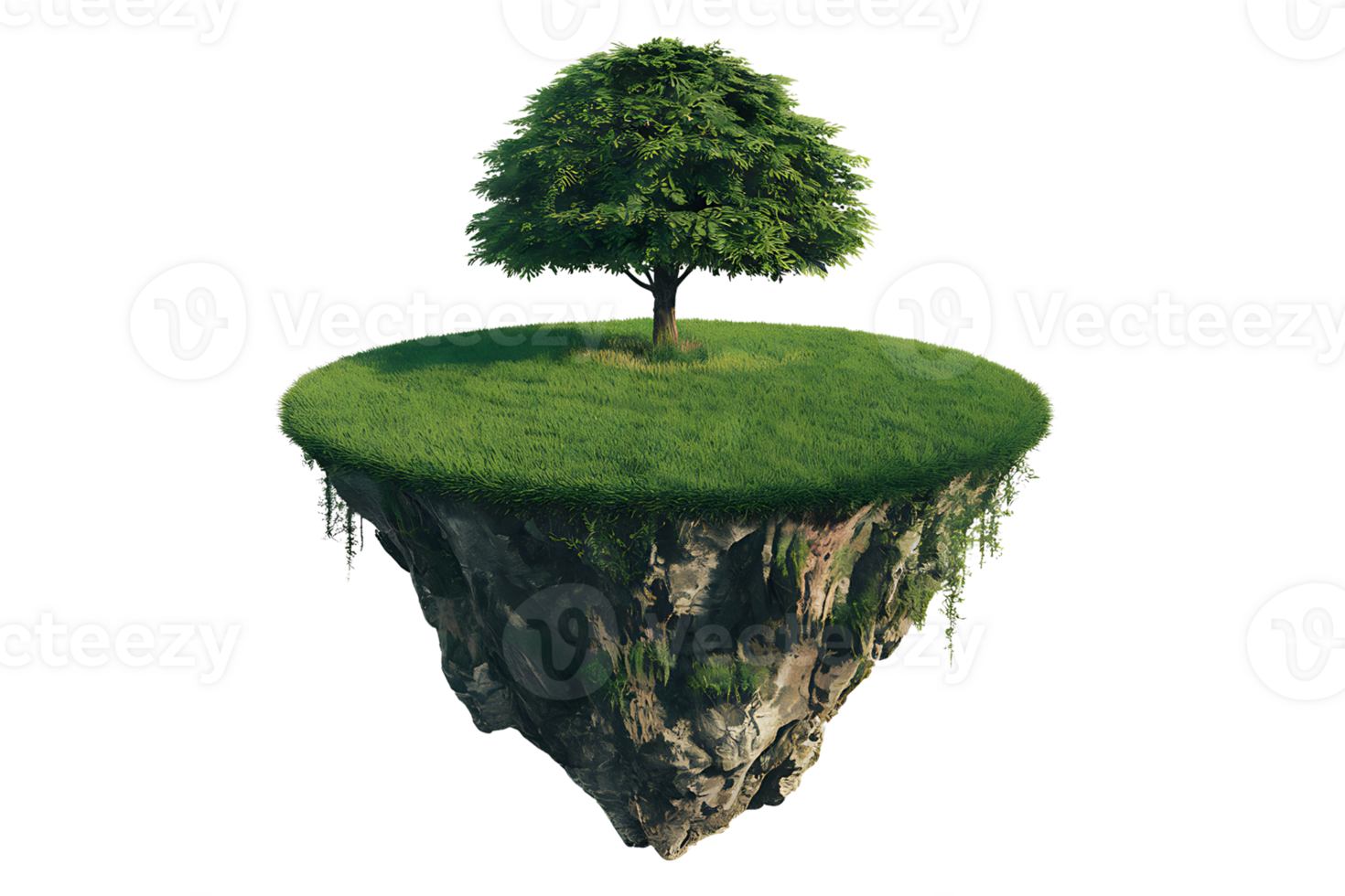 small verdant island with a solitary tree seemingly floating in mid air on transparent background png