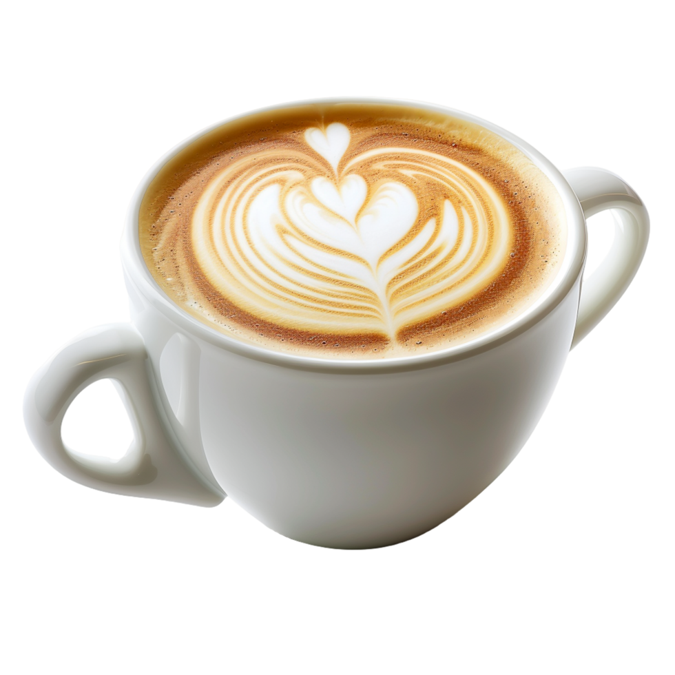 Realistic close-up of a white coffee cup filled with latte, soft lighting effect. png