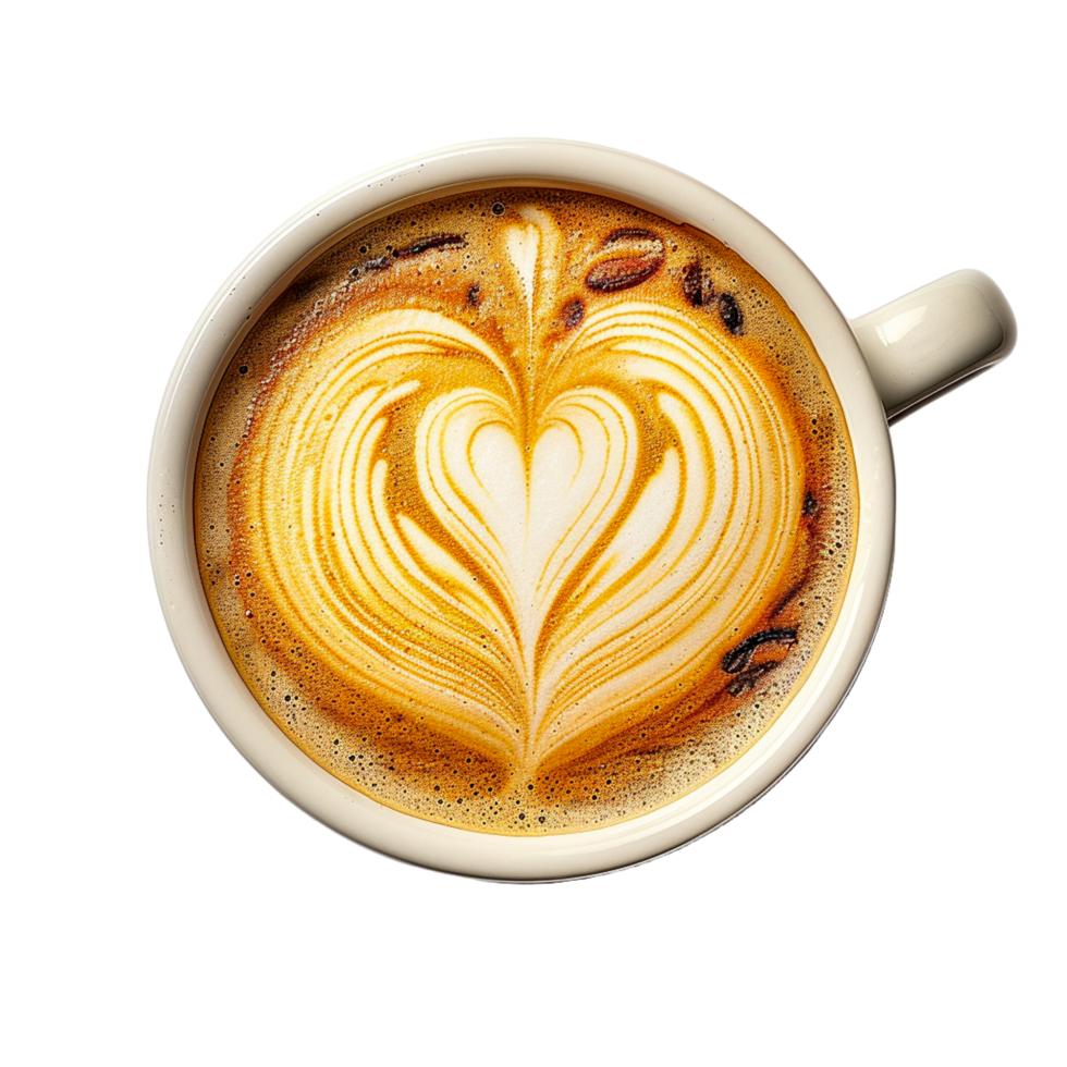 Photographic-style close-up of a latte in a white cup, focus on foam texture. png