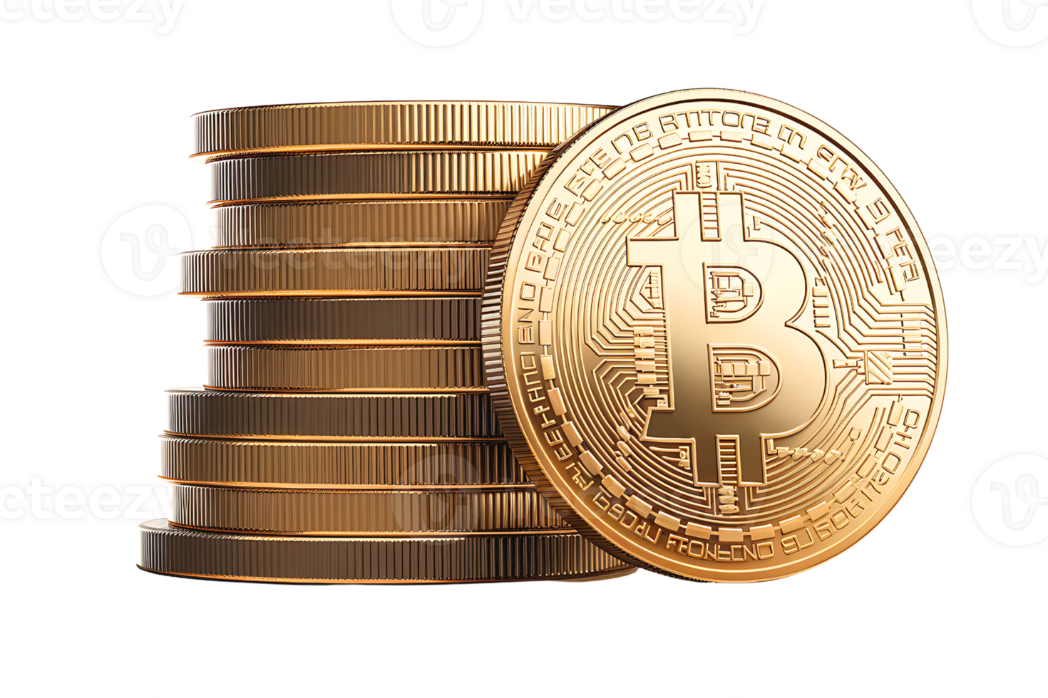 stack of gold colored Bitcoin coins on transparent background png