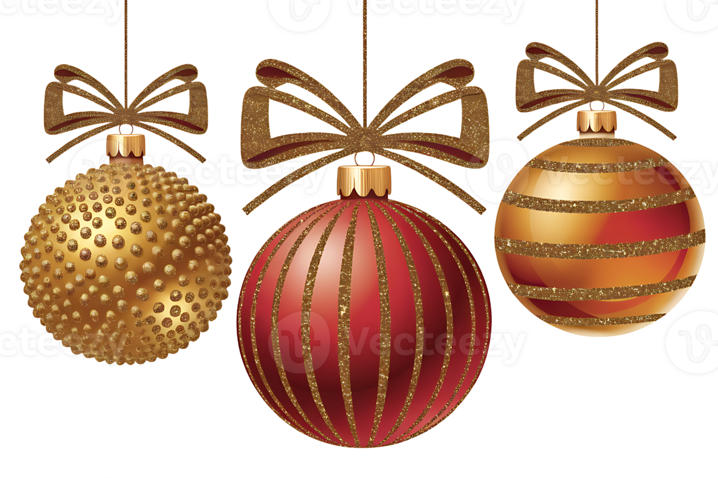 Three Christmas ornaments with a gold bow feature unique designs of gold studded red striped and gold striped patterns on transparent background png