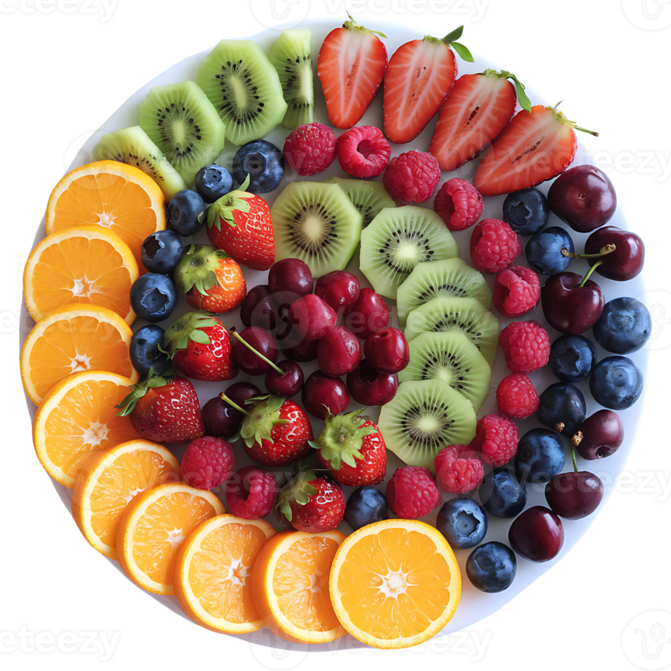 platter of fresh fruit artistically arranged in a circular pattern on plate on transparent background png