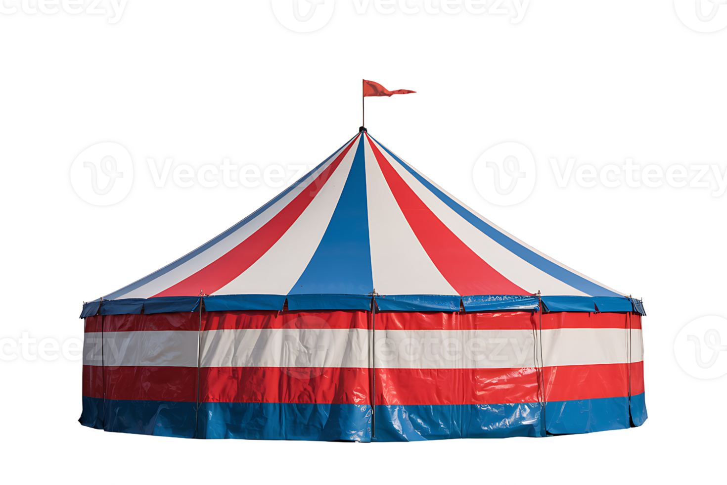 striped circus tent features a red flag atop its peak on transparent background png