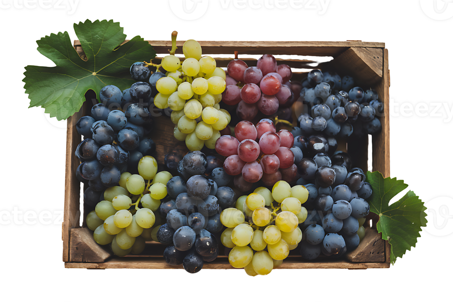 wooden crate filled with an assortment of green blue and red grapes on transparent background png