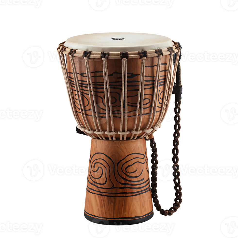 wooden djembe with a leather head and a decorative design on transparent background png