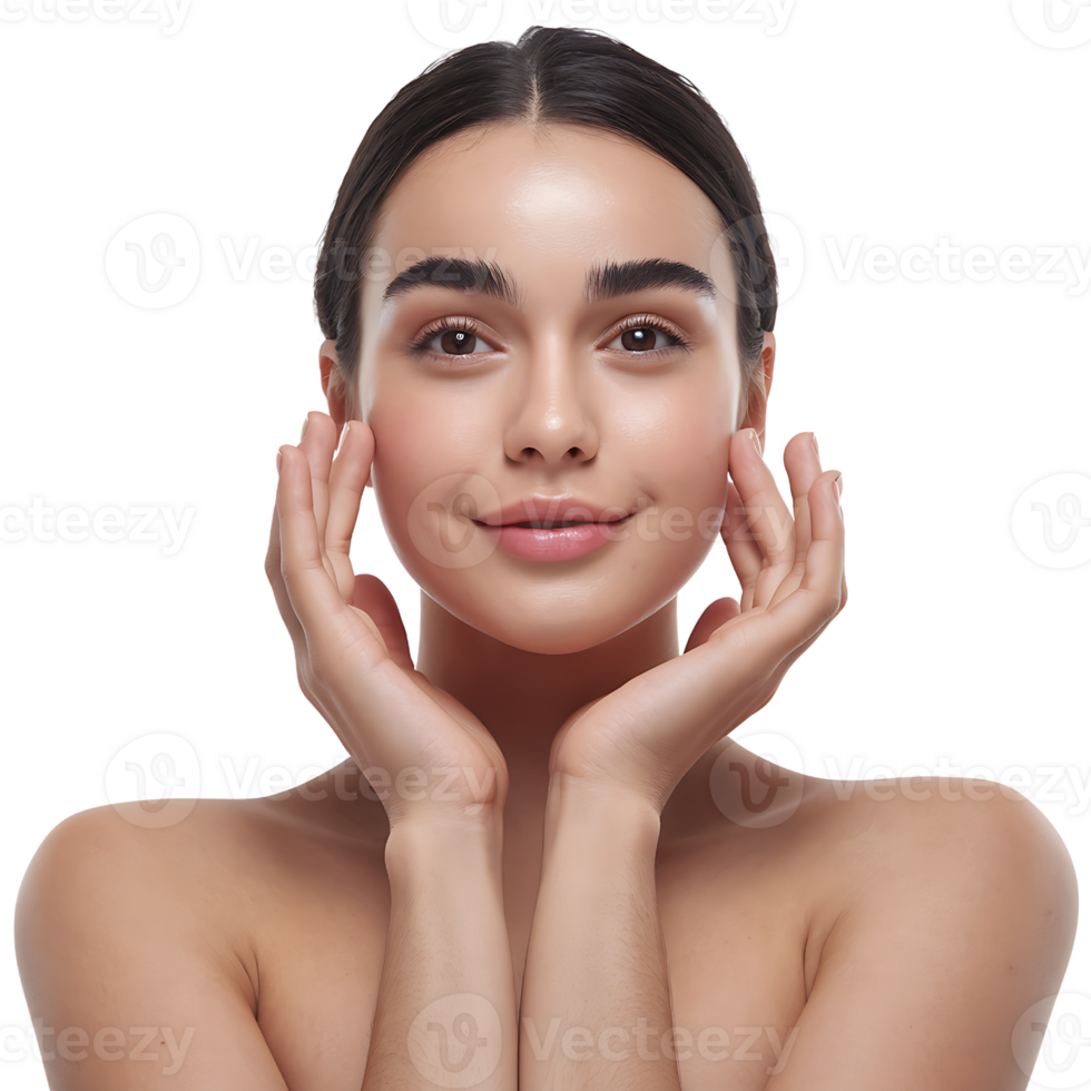 woman with flawless skin smiles gently at the camera on transparent background png