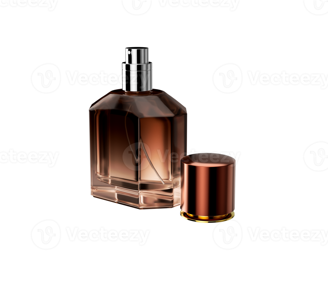 Elegant Amber Toned Crystal Glass Perfume Bottle With An Open Polished Copper Cap 3D Illustration png