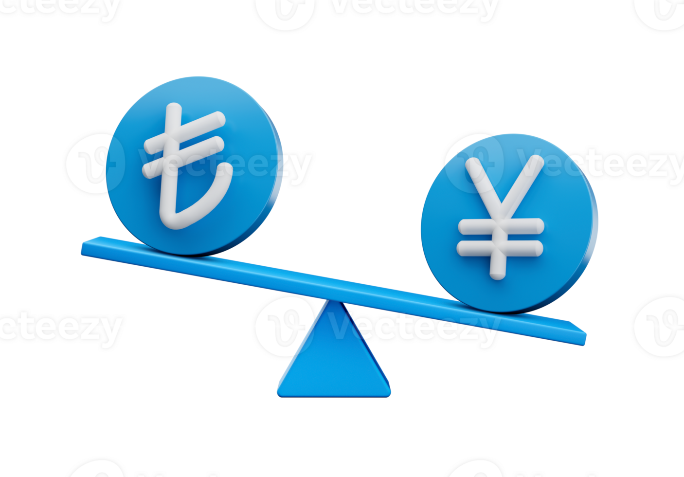 3d White Lira And Yen Symbol On Rounded Blue Icons With 3d Balance Weight Seesaw, 3d illustration png