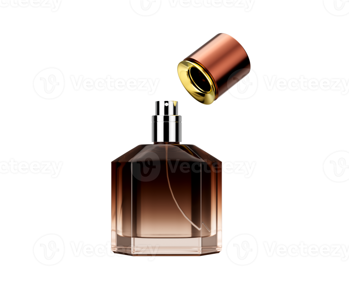Elegant Amber Toned Crystal Glass Perfume Bottle With An Open Polished Copper Cap 3D Illustration png