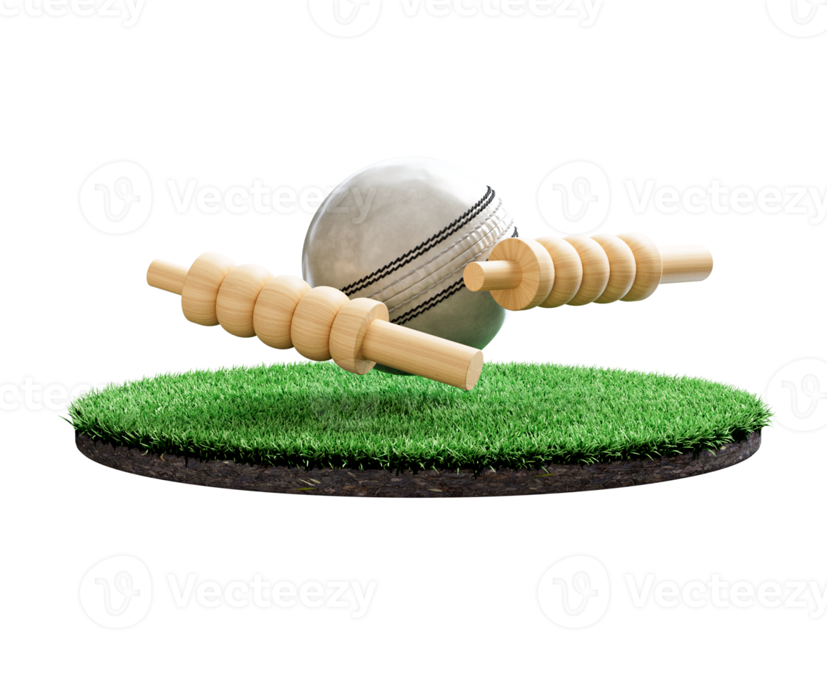 White Leather Stitched ODI Cricket Ball With Two Wicket Bails On Grass Ground Field 3D Illustration png