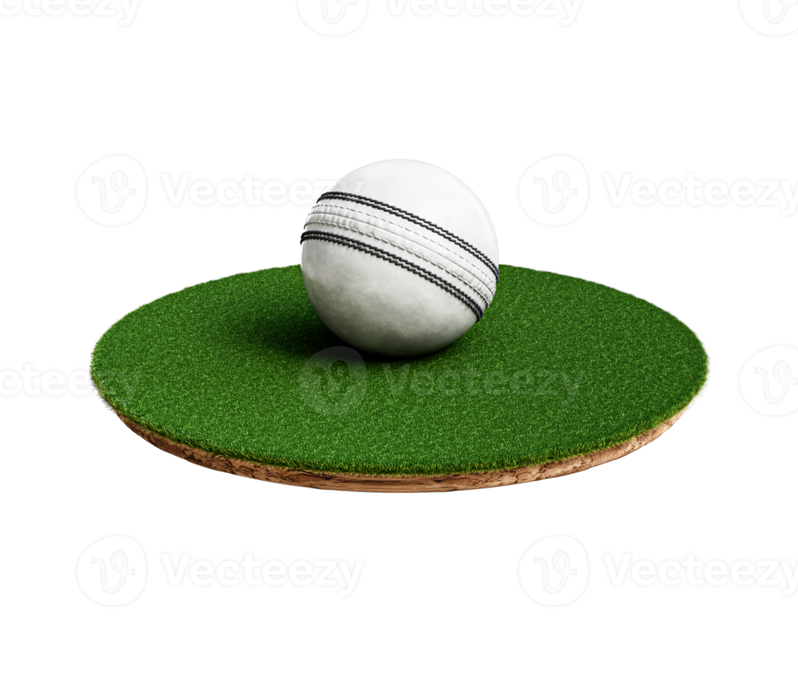 Shiny White Leather Stitched ODI Cricket Ball With Rounded Green Grass Ground Field 3D Illustration png