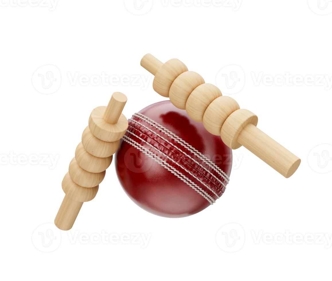 Shiny Red Leather Stitched Test Cricket Ball With Two Wicket Bails 3D Illustration png
