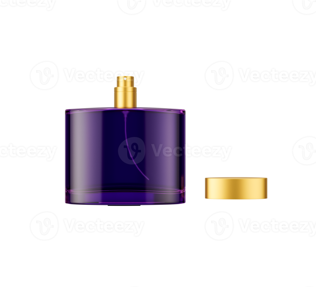 An Open Purple Crystal Glass Perfume Bottle Stands Beside A Gleaming Golden Cap 3D Illustration png