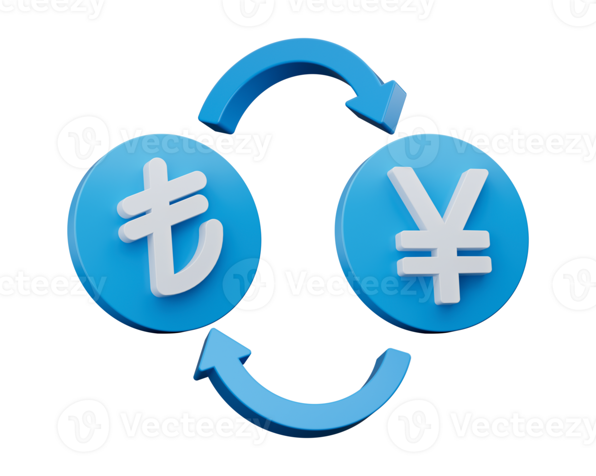 3d White Lira And Yen Symbol On Rounded Blue Icons With Money Exchange Arrows, 3d illustration png