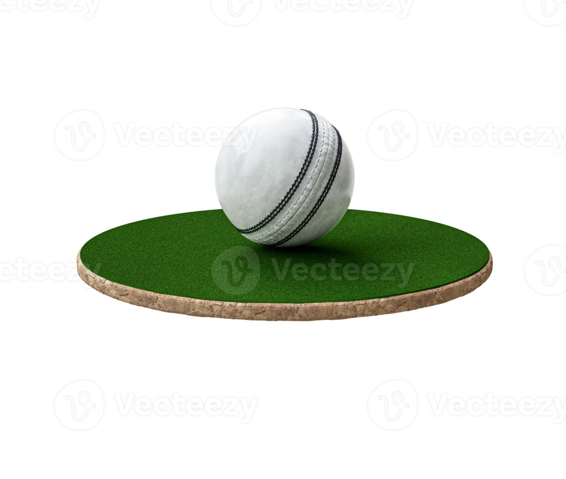 3D White Leather Stitched ODI Cricket Ball With Rounded Green Grass Ground Field 3D Illustration png