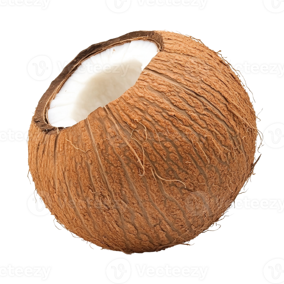 Coconut shell with cracked opening, revealing white inner flesh. This tropical fruit is known for its versatility and nutritional benefits. png