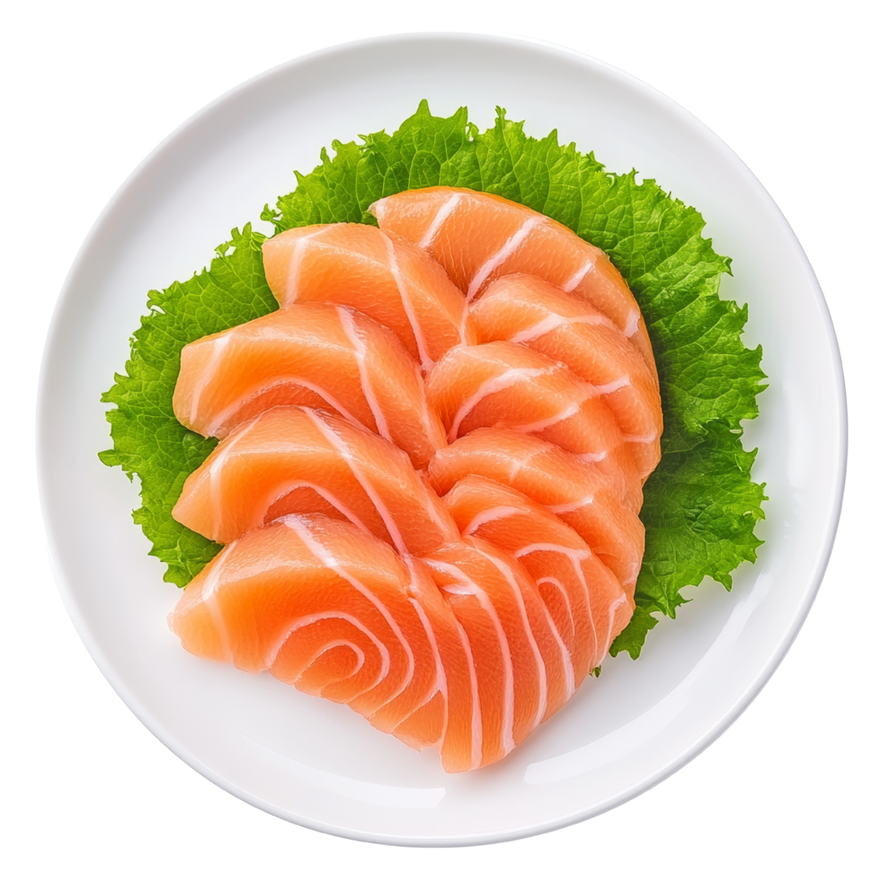 Fresh salmon sashimi arranged beautifully on bed of crisp lettuce, showcasing vibrant colors and delicate textures. This dish is perfect for sushi lovers. png