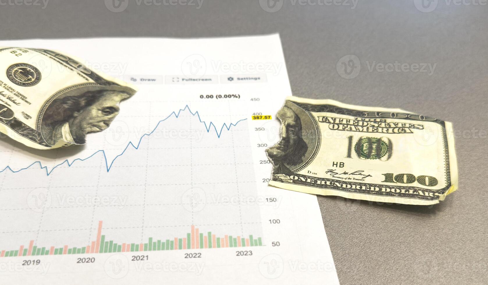 Stock market Charts . Two Hundred rolled us dollar bills staying on the graph. dollar bills on the foreground. Macro image. Red and black lines on the chart. photo