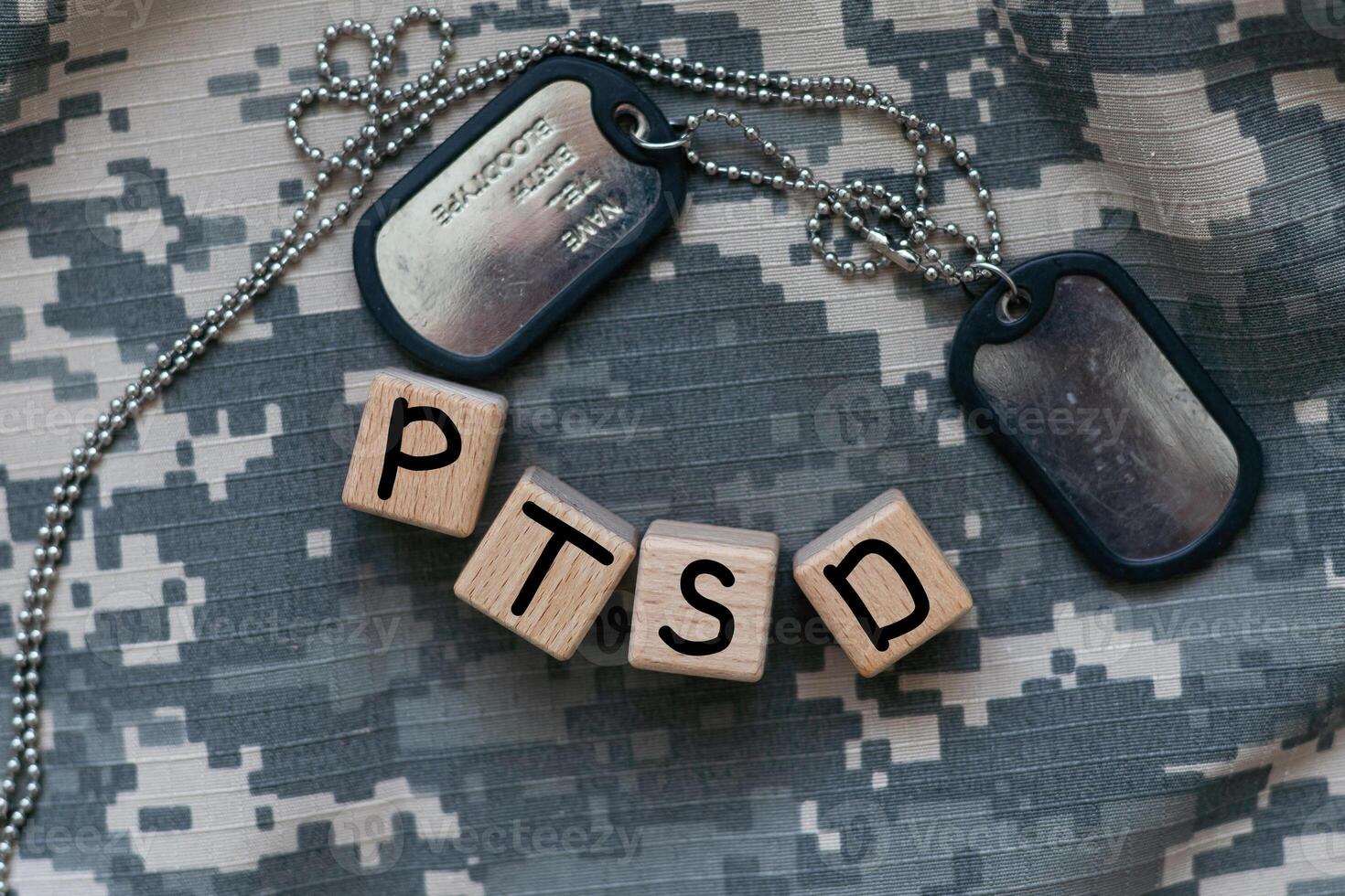 Ptsd - 3D rendered metallic typeset headline illustration. Can be used for an online banner ad or a print postcard. photo
