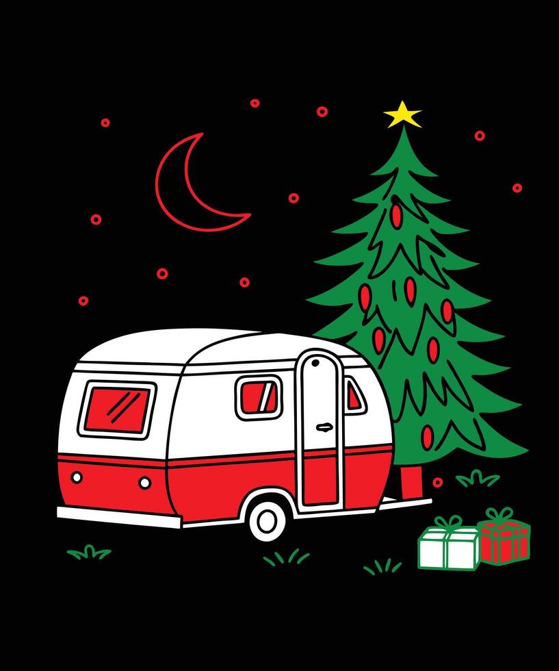 A camper trailer with a christmas tree and presents vector