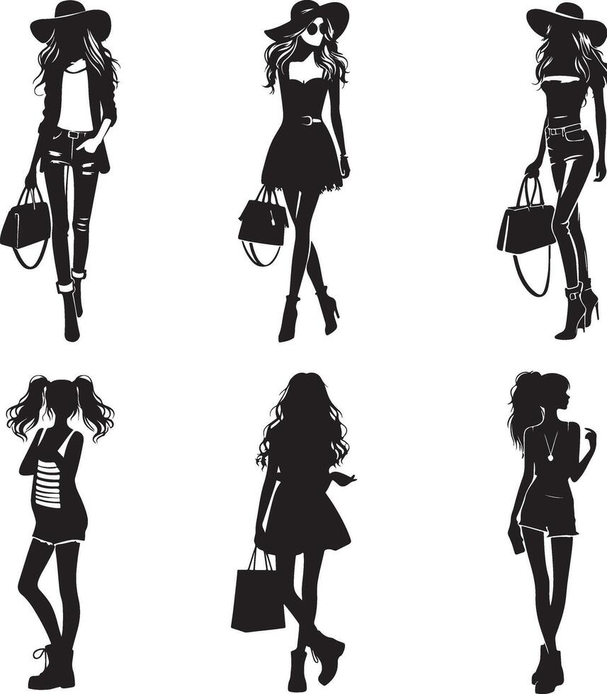 Set of silhouettes of beautiful women in different outfits vector