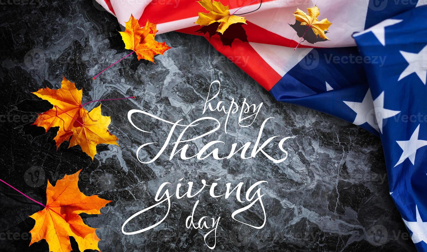 Happy Thanksgiving. USA American flag. Fall decor with autumn leaves. Banner design, panoramic image, text. photo