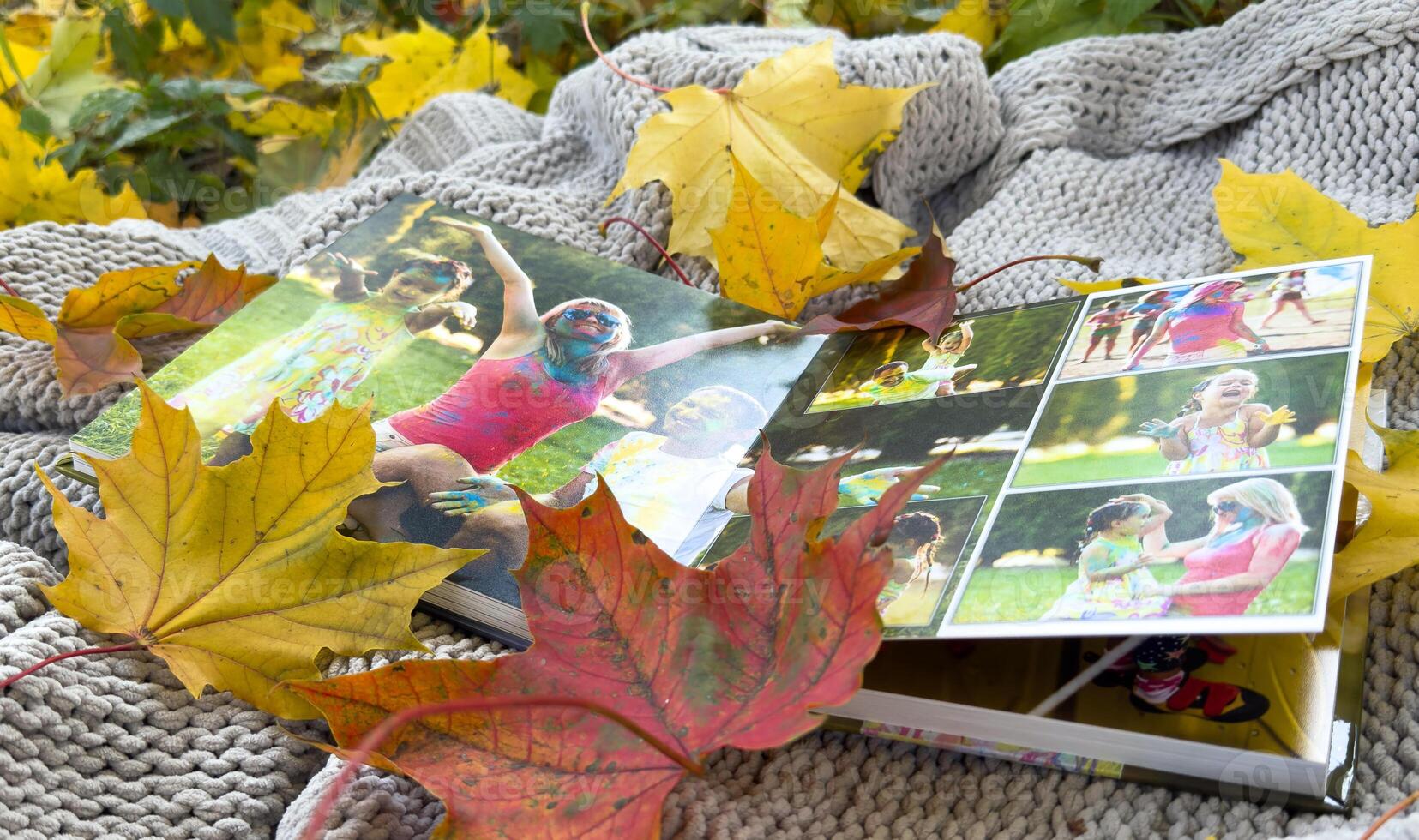 Thanksgiving, greeting card and family portrait with gratitude, thanks and love words outdoor. Collage, photo album and father with women, pumpkin and message for holiday celebration with smile