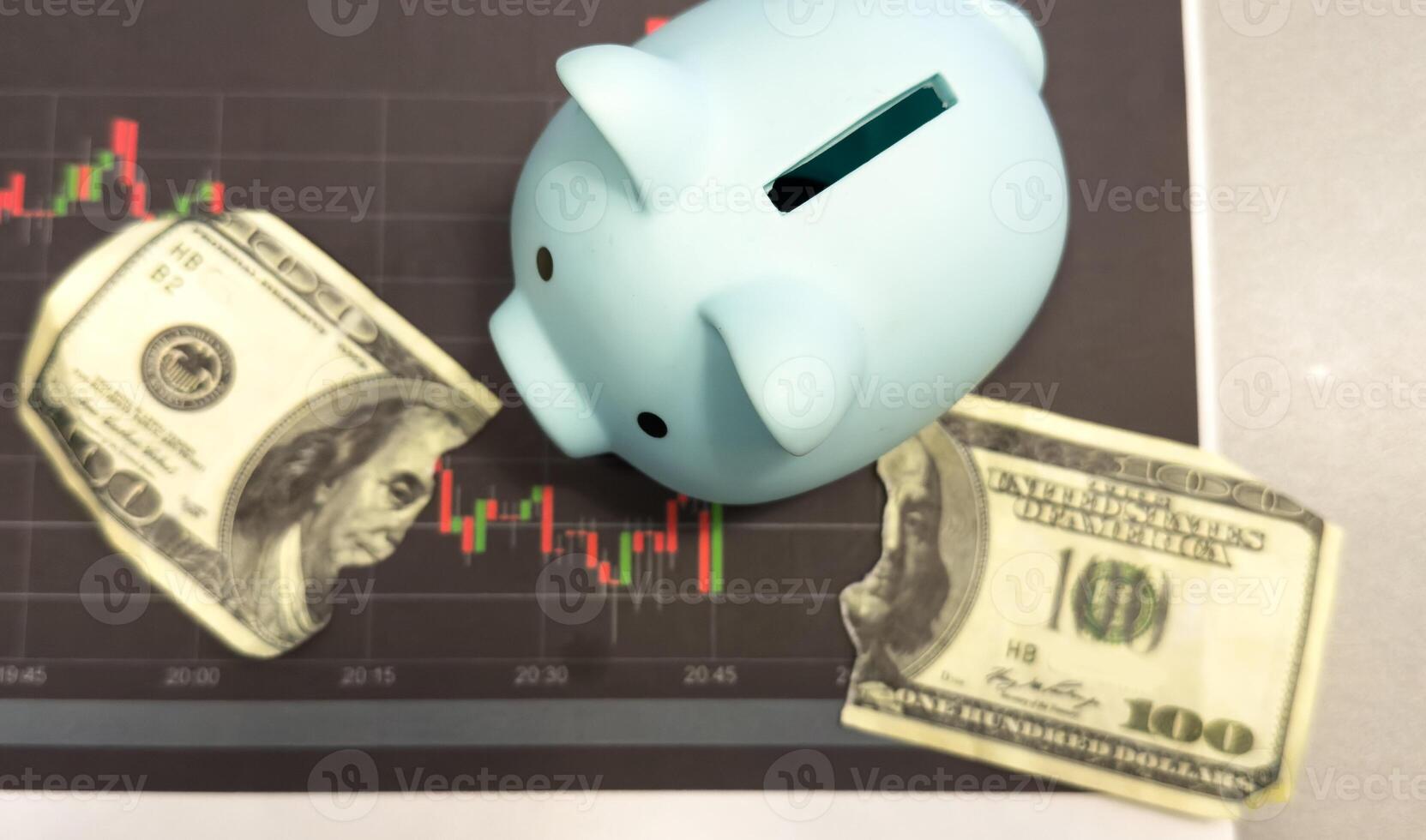 Piggy bank investment with a graph of investment returns in the background. Concept for financial security and savings. photo
