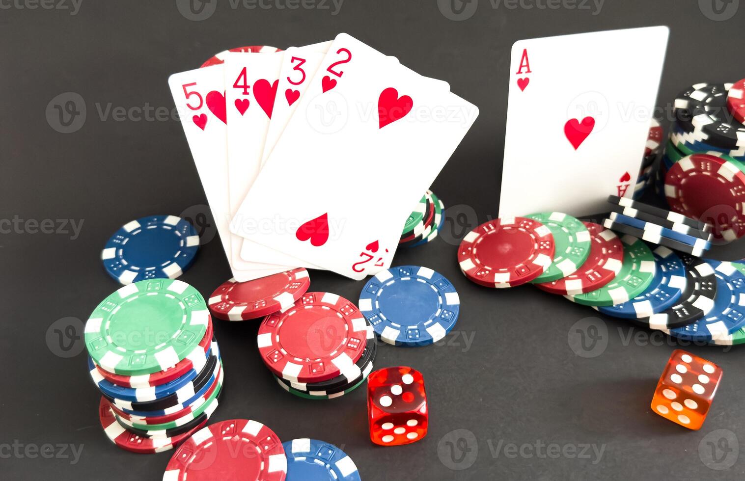 Playing cards on color background, top view. Gambling concept photo