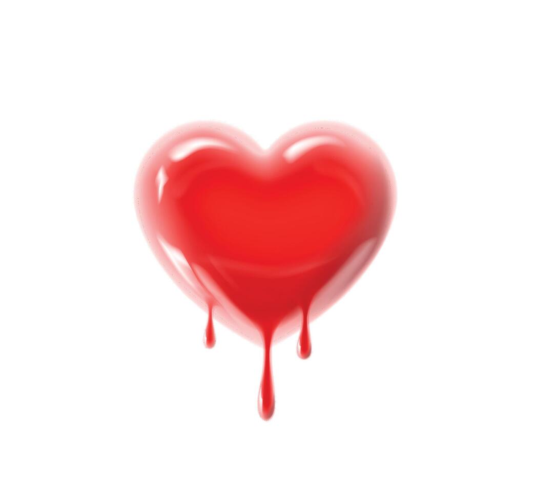 Bleeding glossy heart shape with blood drops. Valentine's heart. Dripping love vector