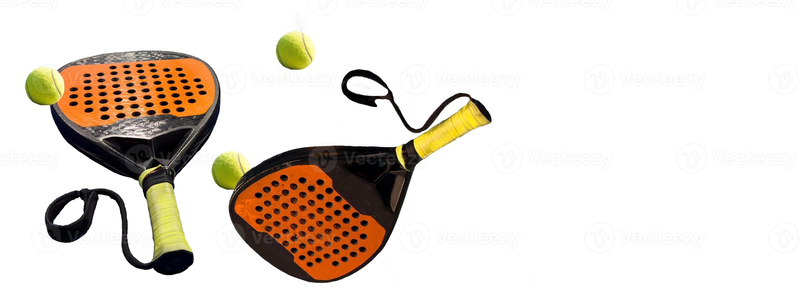 Isolated on white paddle tennis racket and balls, sports objects photo
