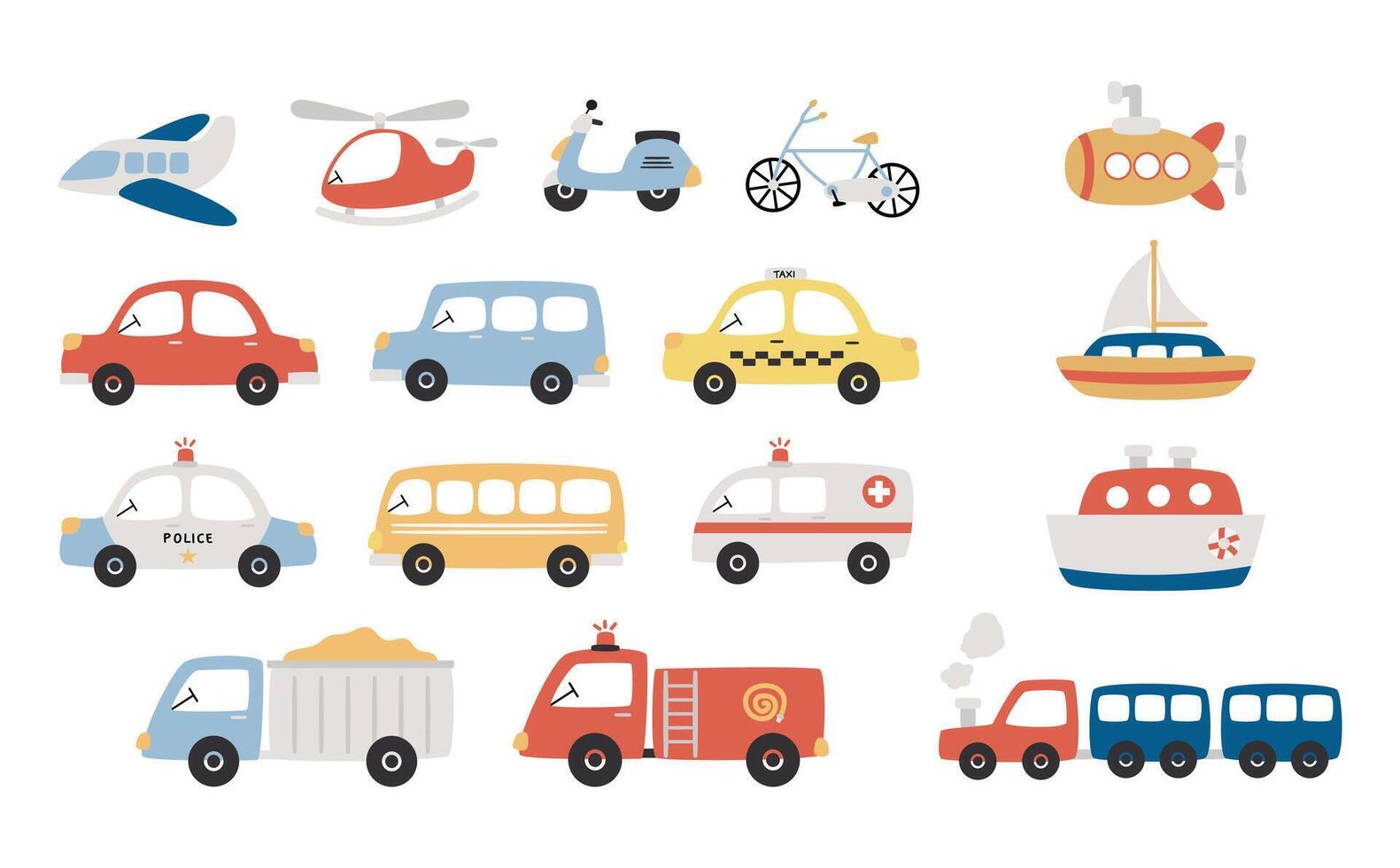 Set of cute hand drawn transportation cartoon vector