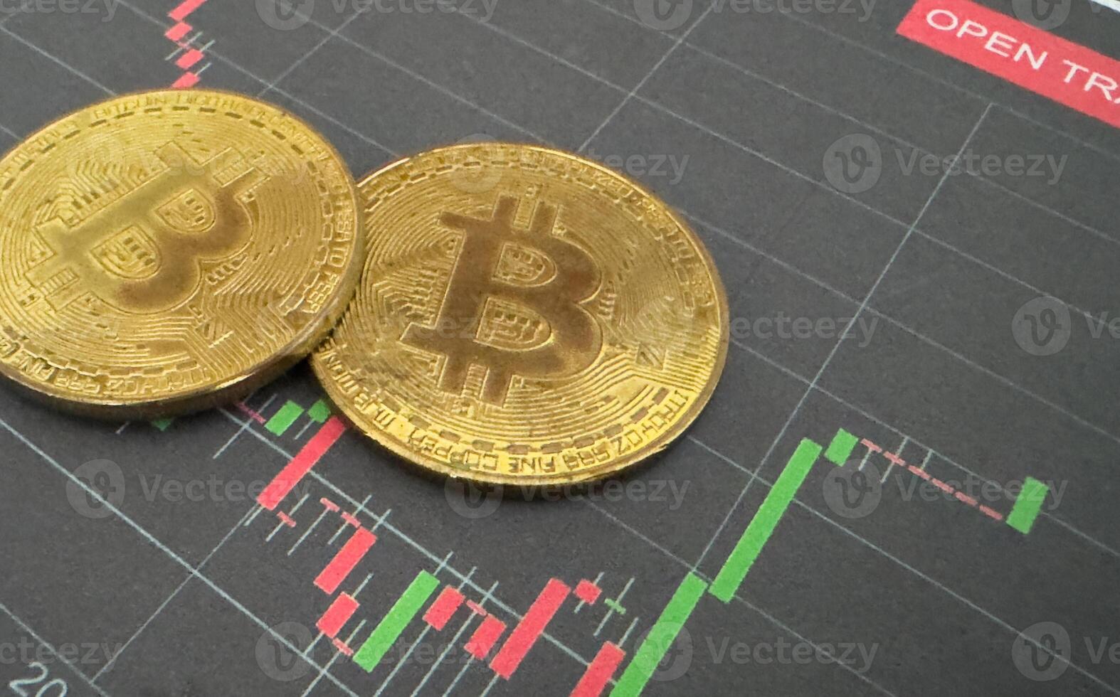 Bitcoin and cryptocurrency investing concept. Bitcoin cryptocurrency coins. Trading on the cryptocurrency exchange. Trends in bitcoin exchange rates. Rise and fall charts of bitcoin. photo