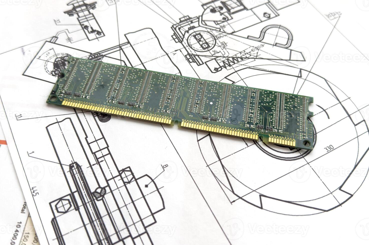 micro electronics components on microcircuit diagram drawing photo