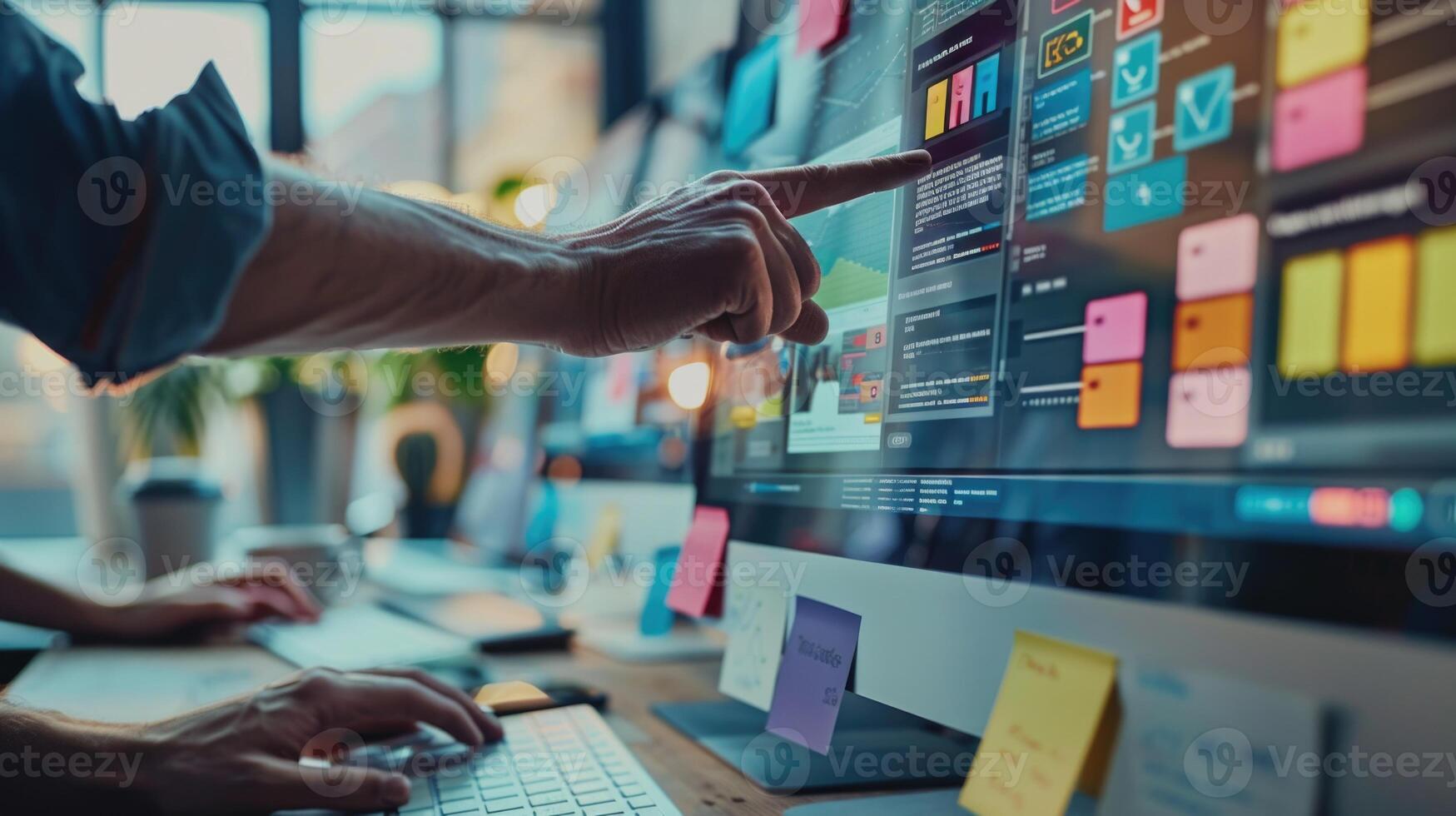 A creative workspace where a person is analyzing digital tasks on a computer screen filled with colorful post-it notes during the day photo