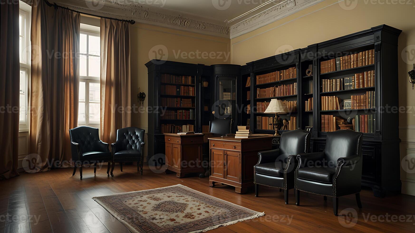 Retro study room with black leather chair and bookshelf with varieties book photo