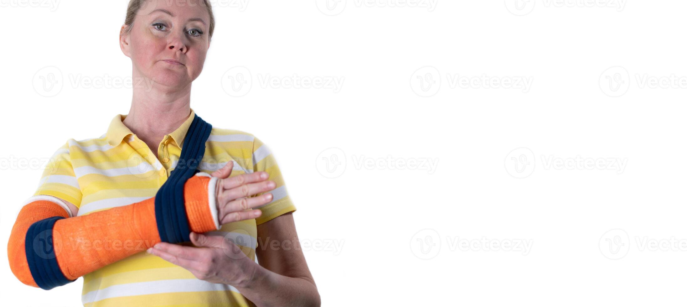 woman with a broken right arm wearing plaster cast to hold broken bones in place until they heal, hanging her arm in sling, modern treatments,against neutral background,copy space,high quality photo