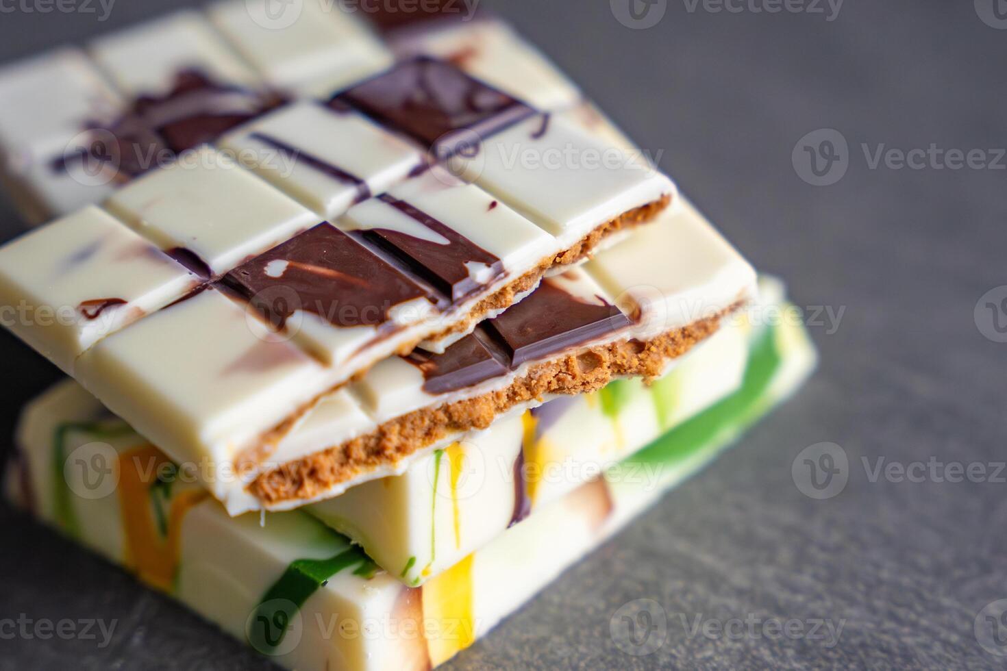 Piece of trend Dubai white chocolate with halva paste. Confectionery handmade sweets at home in the kitchen. High quality photo