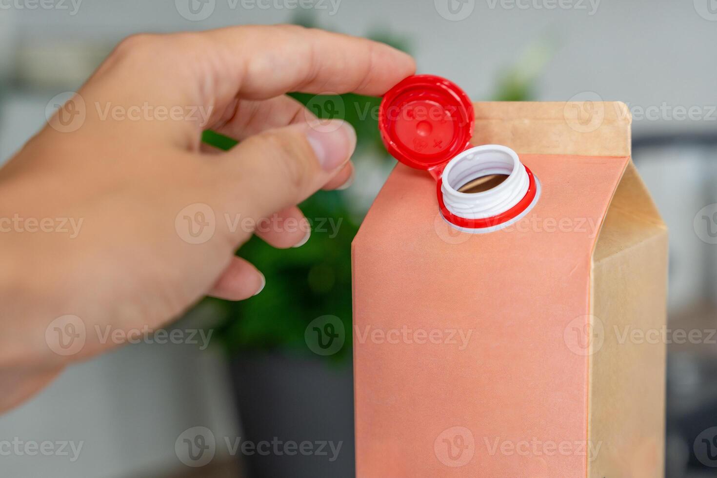 Long-life cardboard container from recycling materials with stationary plastic cap. Cap remains attached after opening, making the entire package easier to collect and recycle. High quality photo