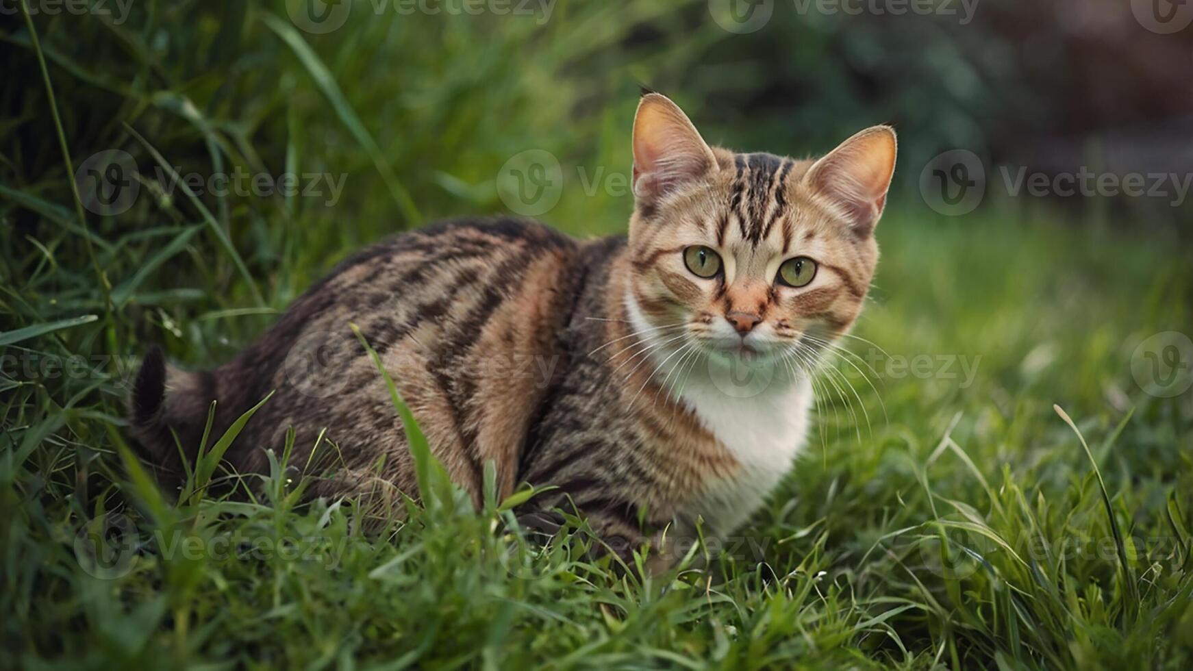 A cat is sitting in the grass looking at the camera photo