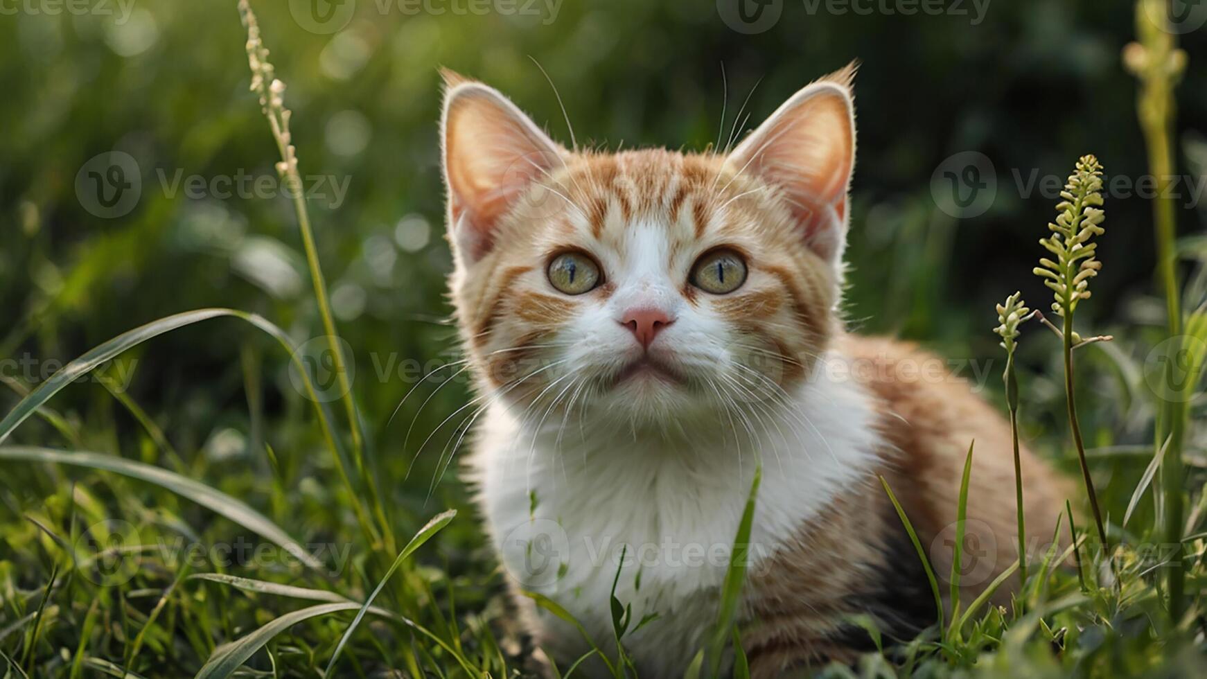 A small orange and white cat sitting in the grass photo