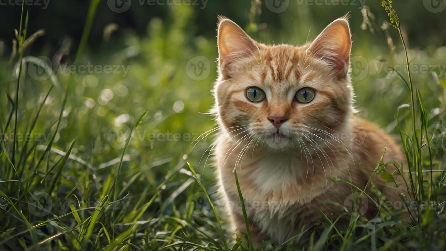 An orange cat sitting in the grass photo