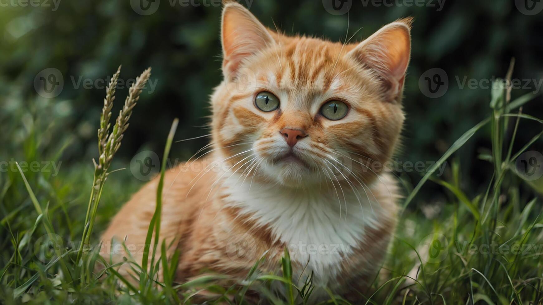 An orange cat sitting in the grass photo